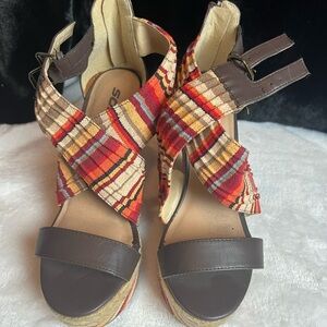 Brown and Red Multi-colored Wedge Sandals